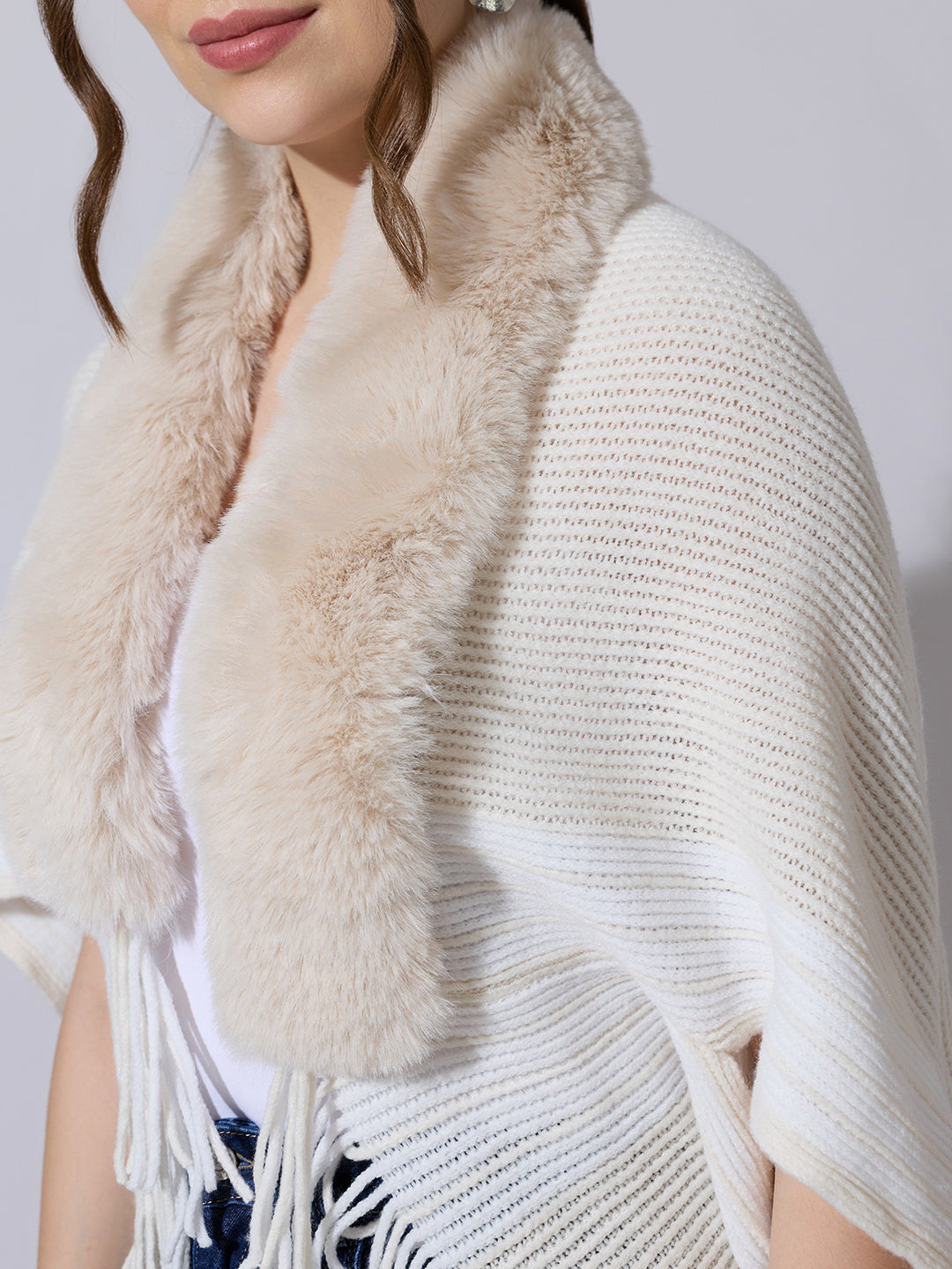 Women's Knit Cream Poncho with Faux Fur Collar