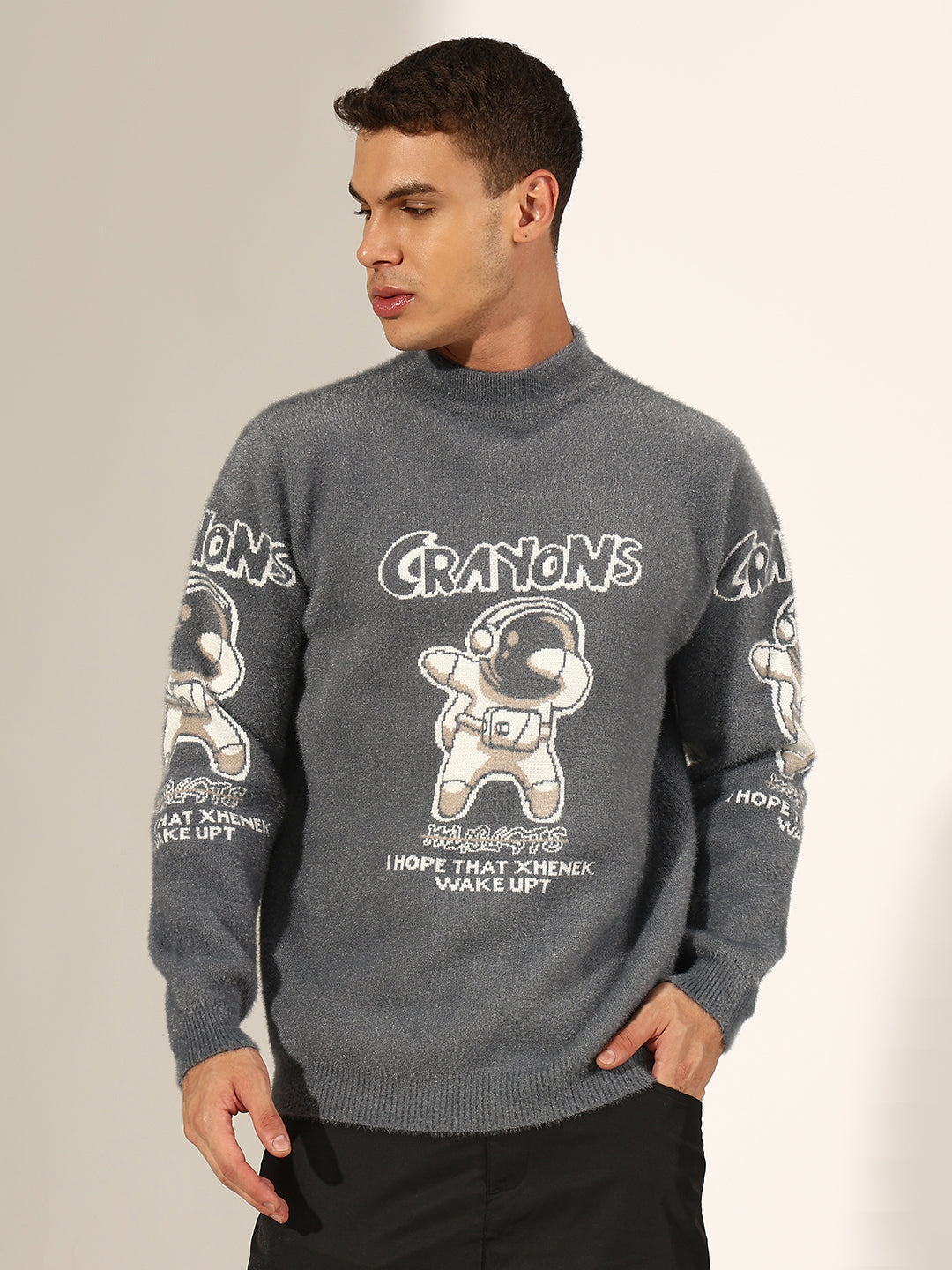 Men's Graphic Printed Grey Fuzzy Sweatshirt