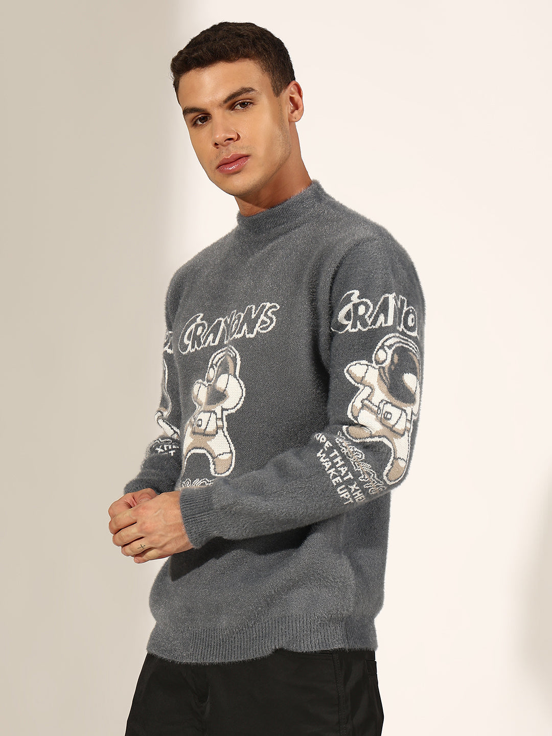 Men's Graphic Printed Grey Fuzzy Sweatshirt