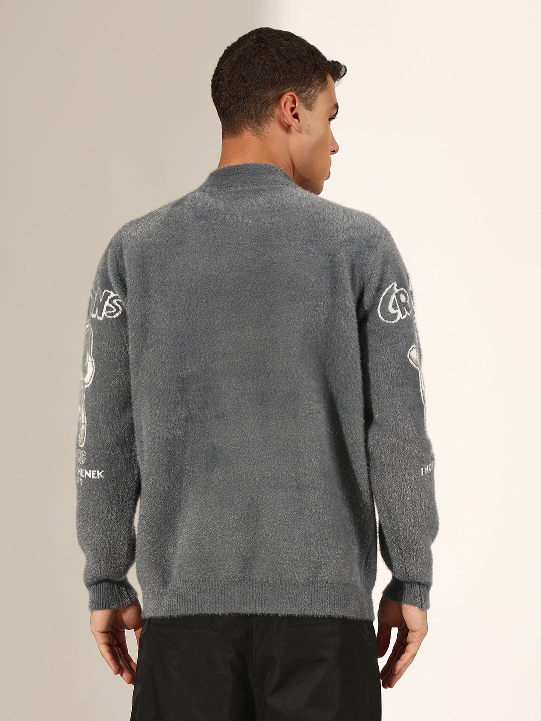 Men's Graphic Printed Grey Fuzzy Sweatshirt