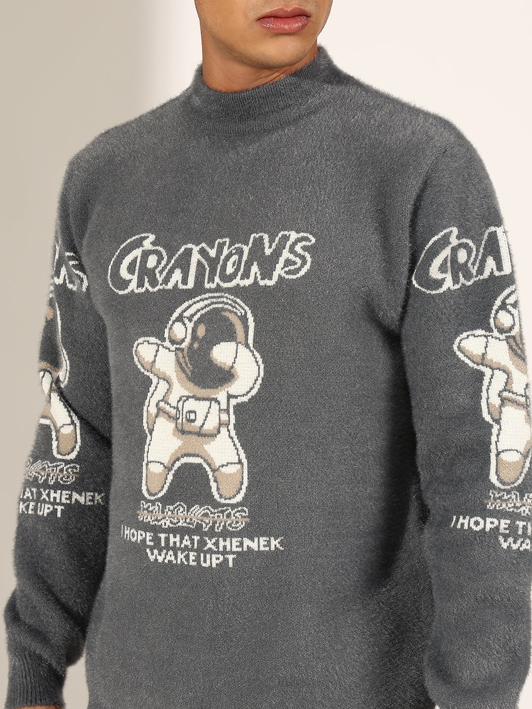 Men's Graphic Printed Grey Fuzzy Sweatshirt