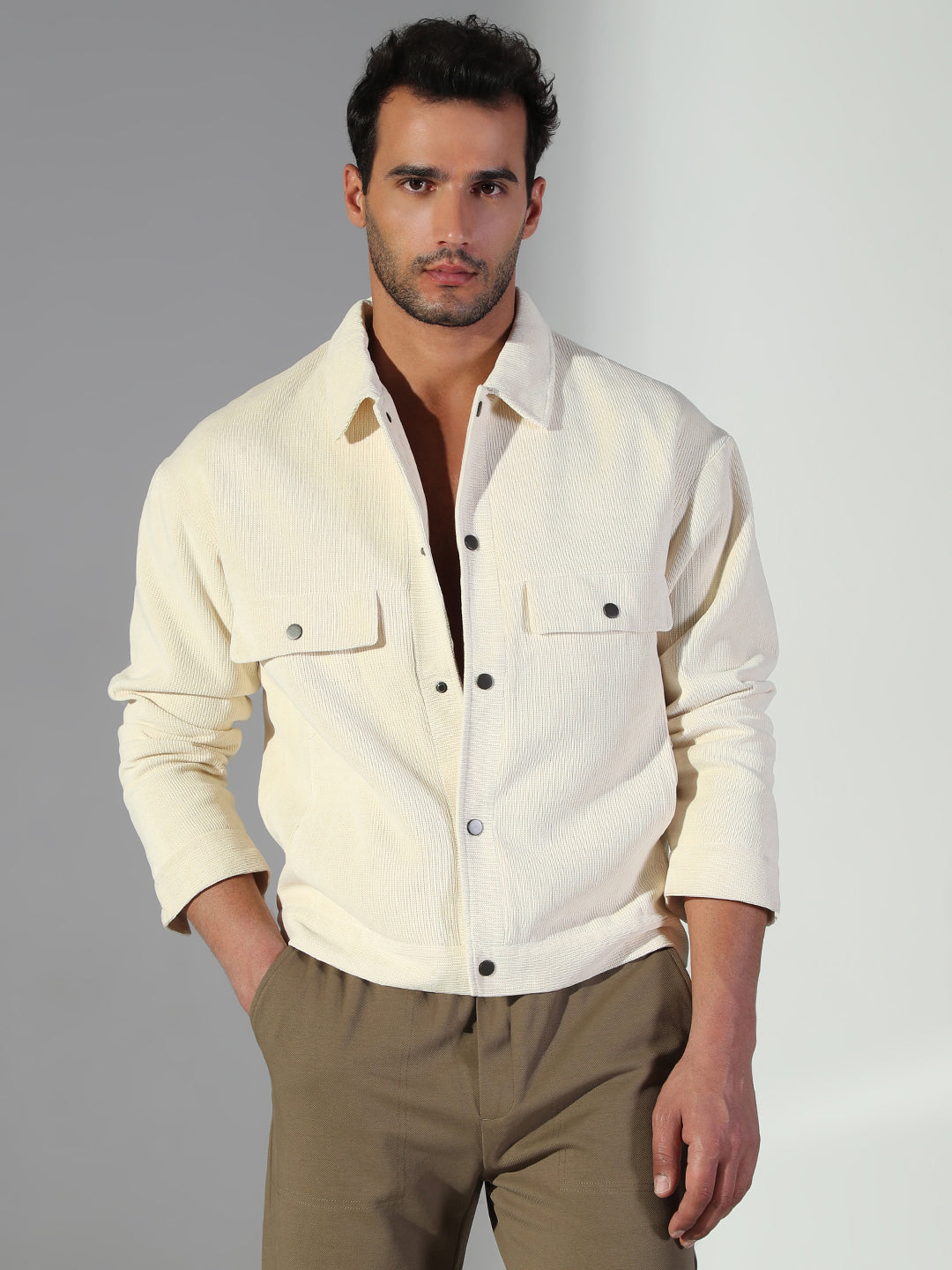 Men Solid Cream Shacket