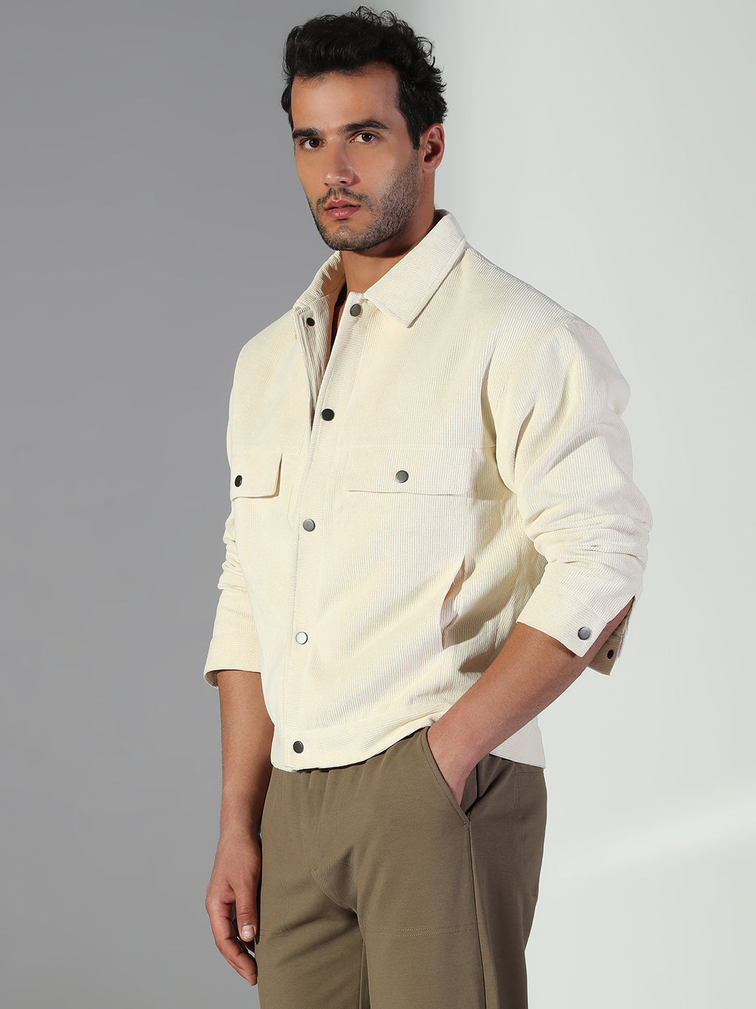 Men Solid Cream Shacket