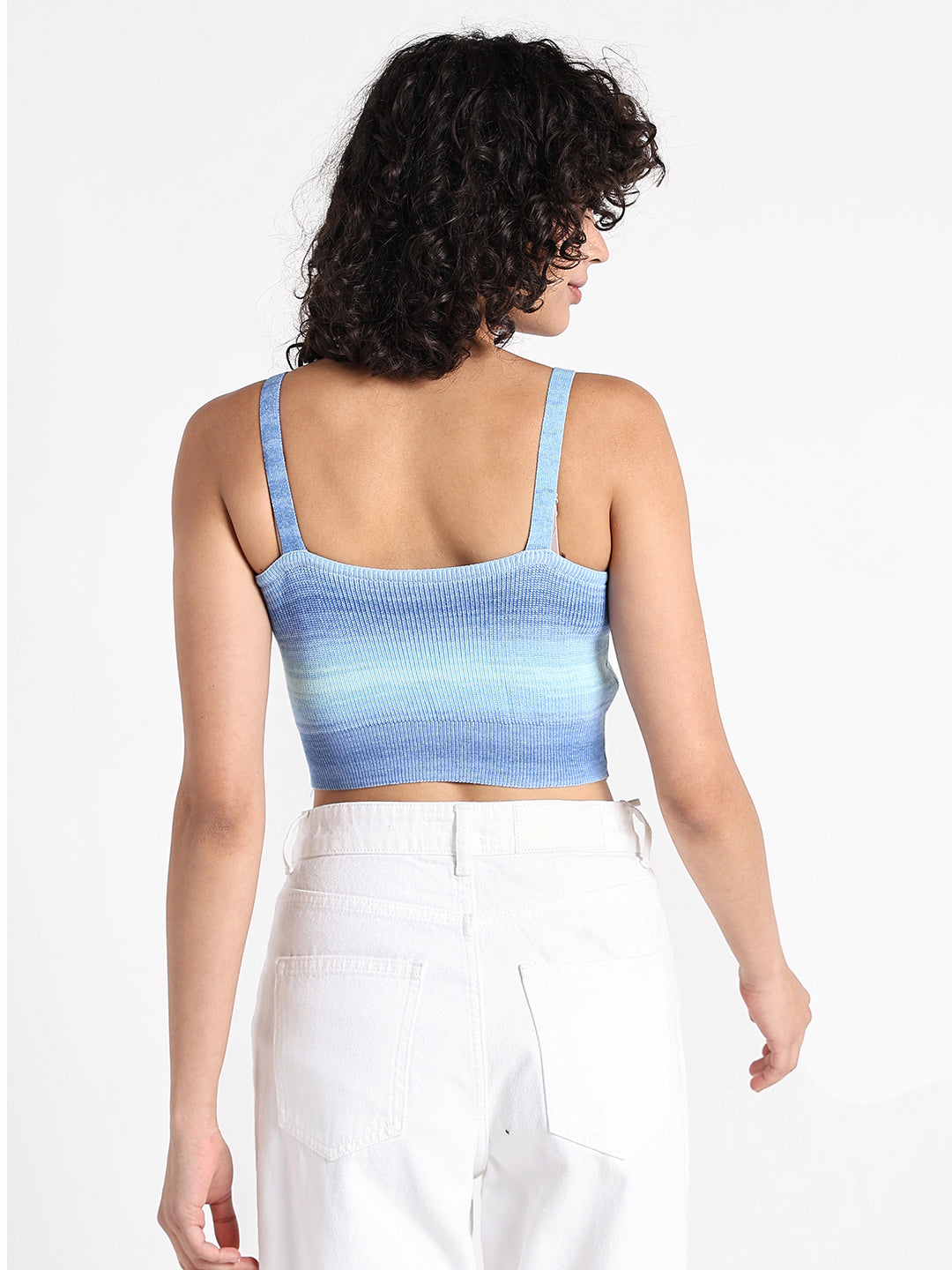 Women's Blue Ombre Knit Crop Top with 3D Butterfly Embellishments
