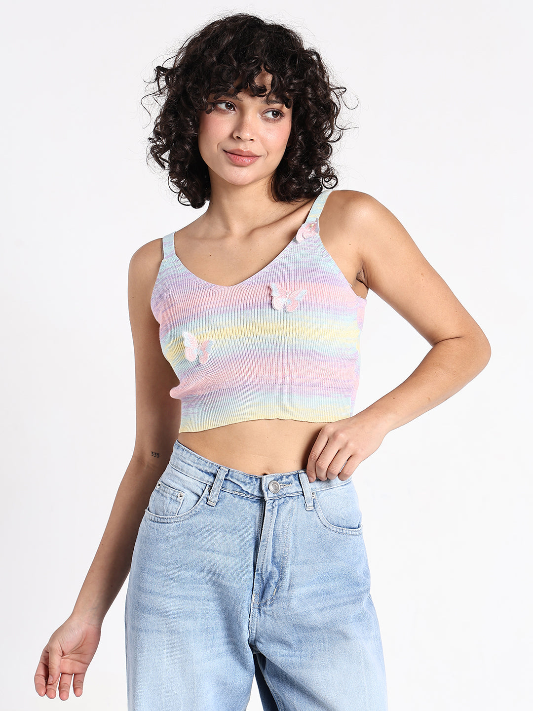 Women's Multi Ombre Knit Crop Top with 3D Butterfly Embellishments
