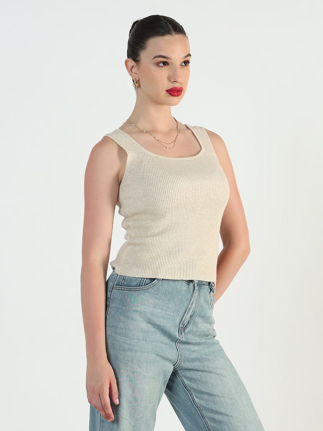 Women's Ribbed Beige Square Neck Tank Top