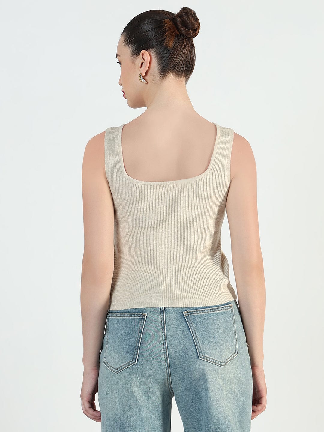 Women's Ribbed Beige Square Neck Tank Top