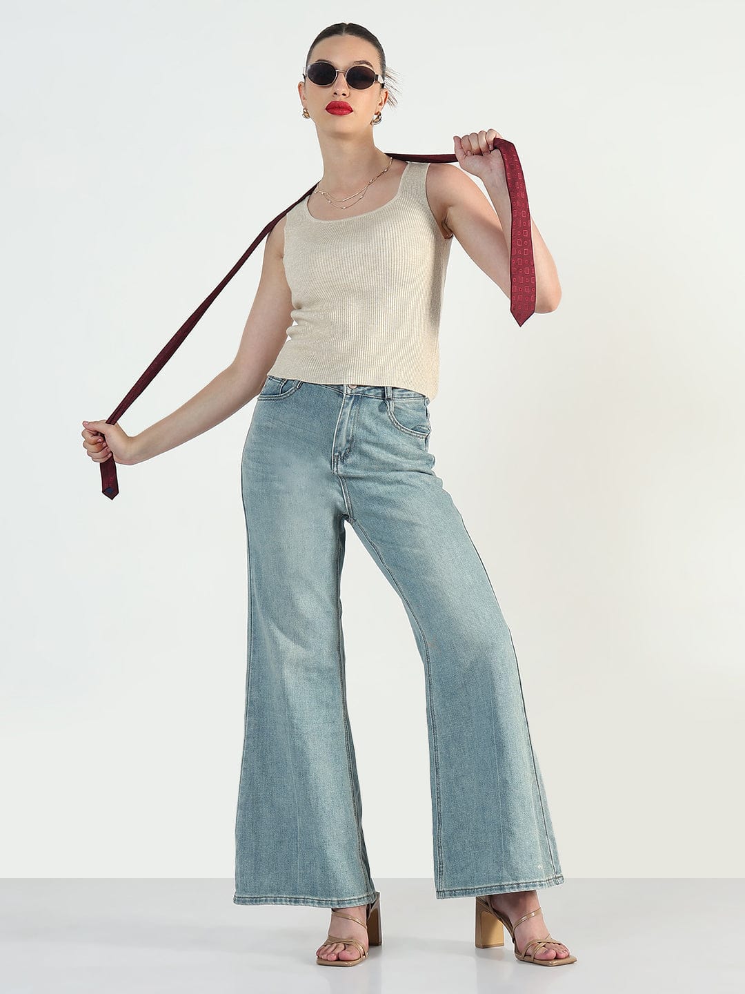 Women's Ribbed Beige Square Neck Tank Top