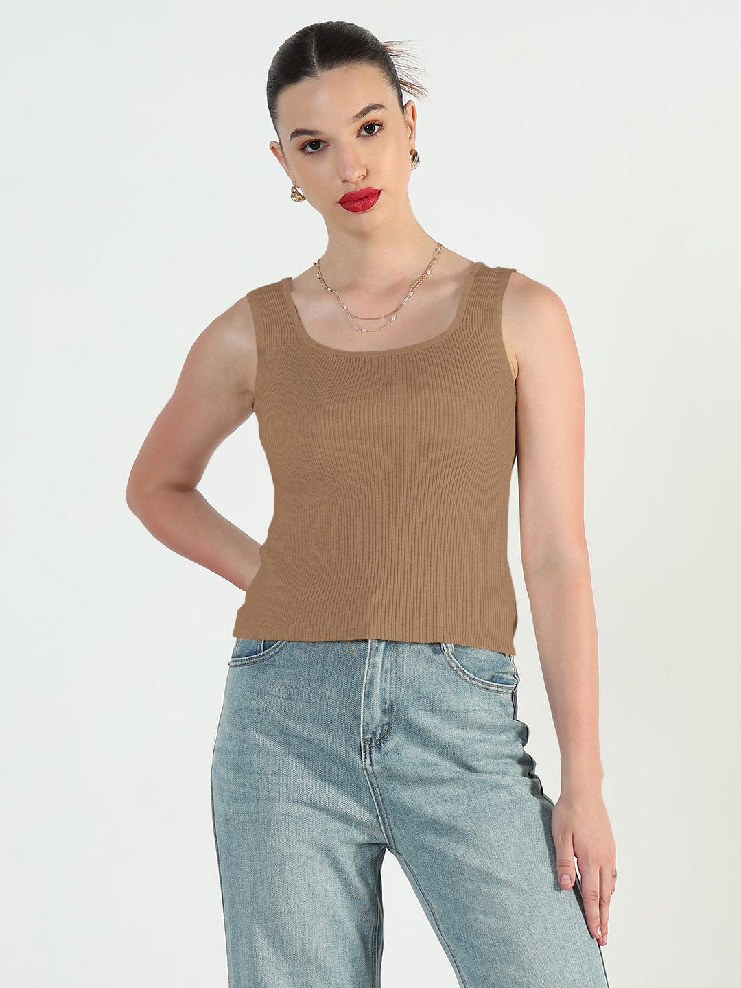 Buy Ribbed Brown Square Neck Tank Top Showoffff