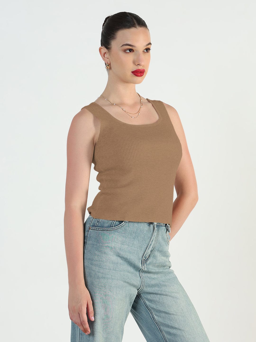 Women's Ribbed Brown Square Neck Tank Top