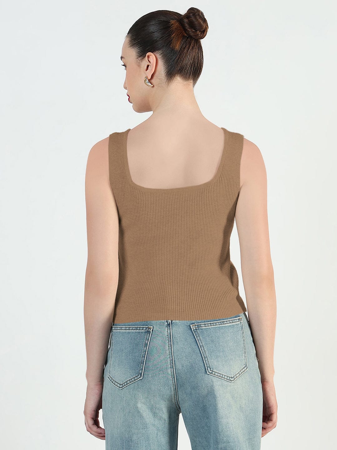 Women's Ribbed Brown Square Neck Tank Top