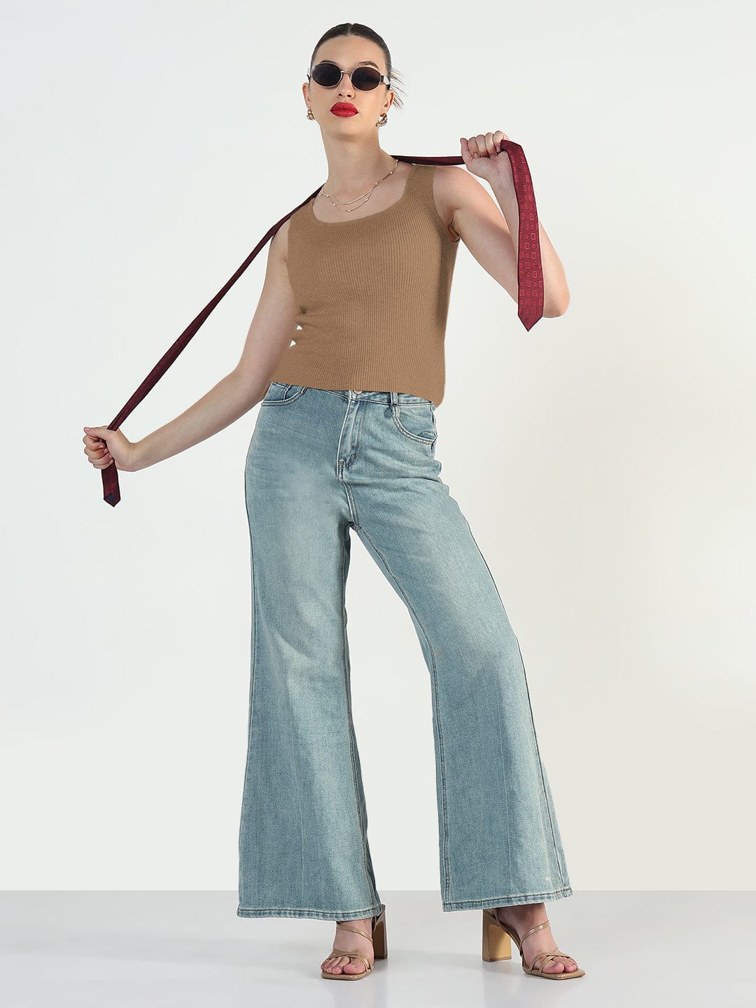 Women's Ribbed Brown Square Neck Tank Top