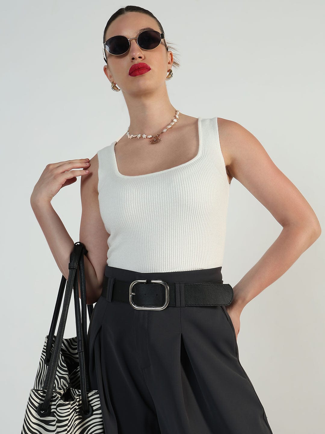 Women's Ribbed Off White Square Neck Tank Top