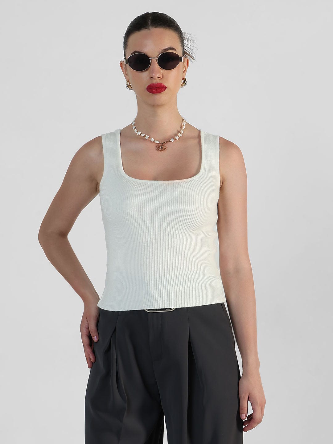 Women's Ribbed Off White Square Neck Tank Top