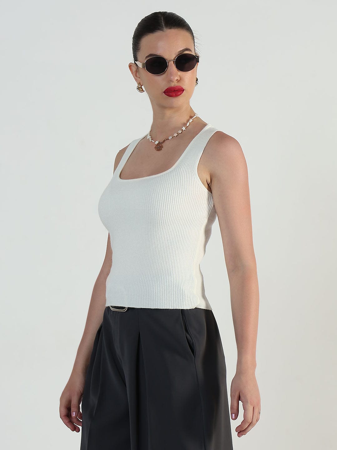 Women's Ribbed Off White Square Neck Tank Top