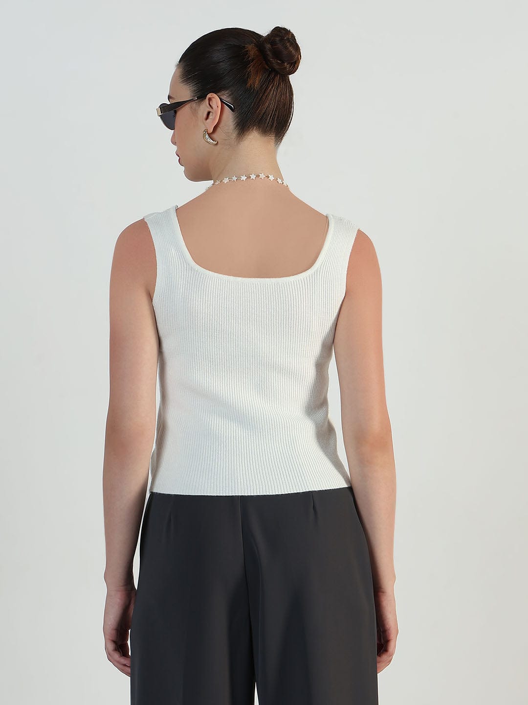 Women's Ribbed Off White Square Neck Tank Top