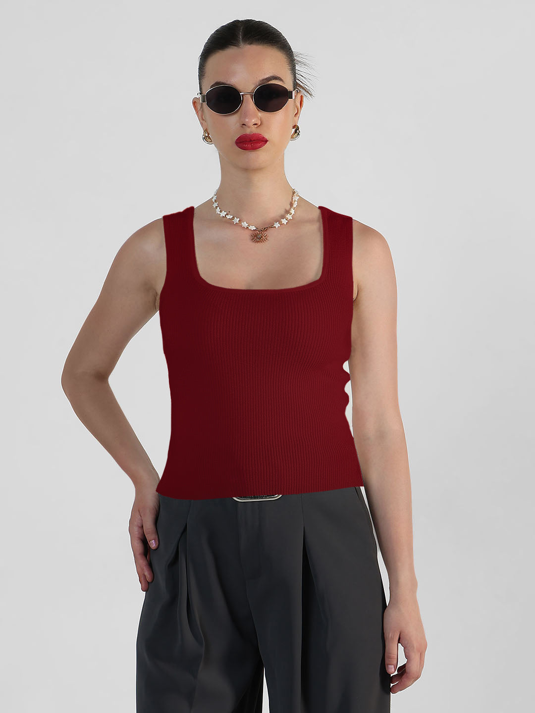 Women's Ribbed Red Square Neck Tank Top