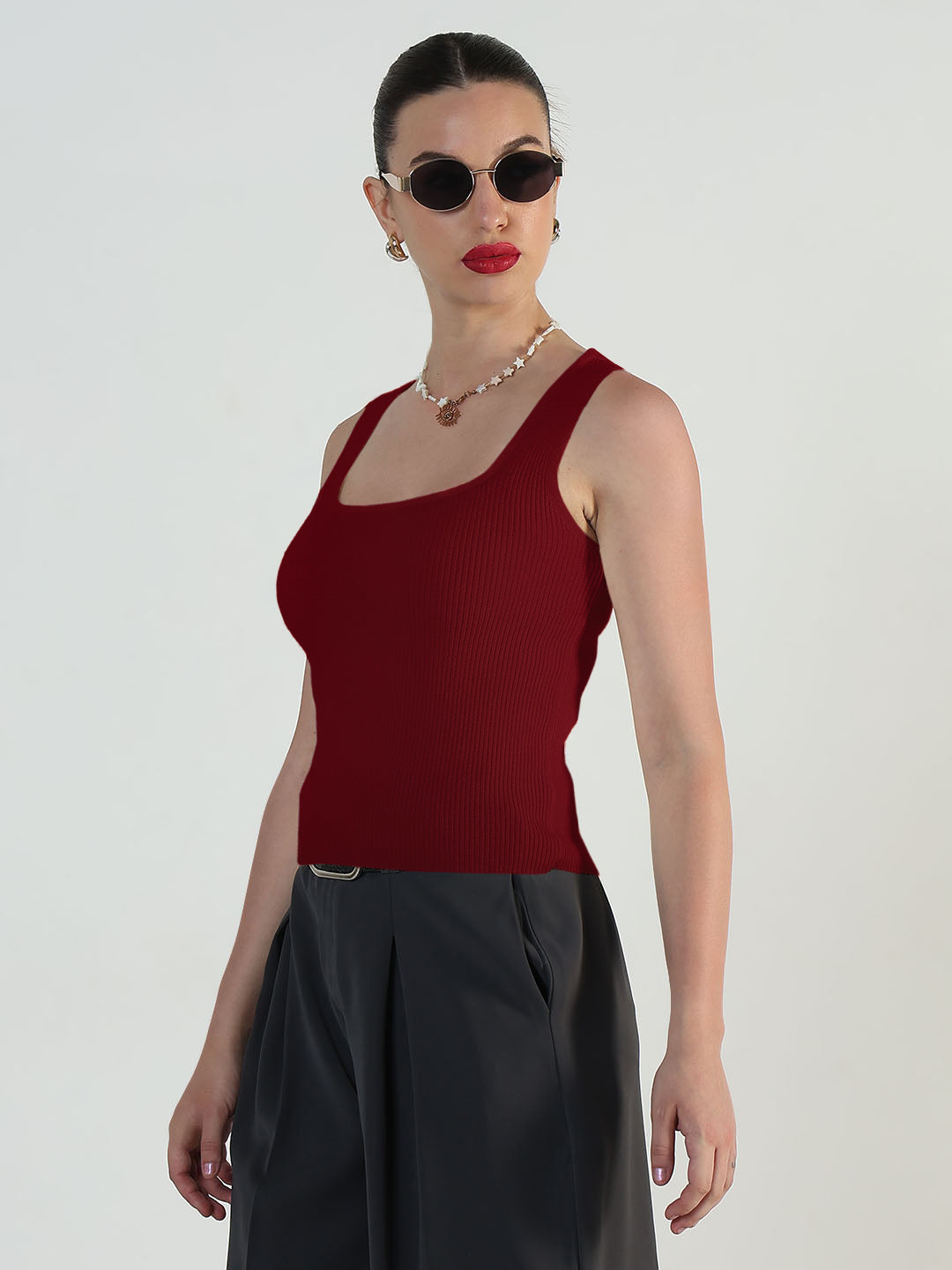 Women's Ribbed Red Square Neck Tank Top