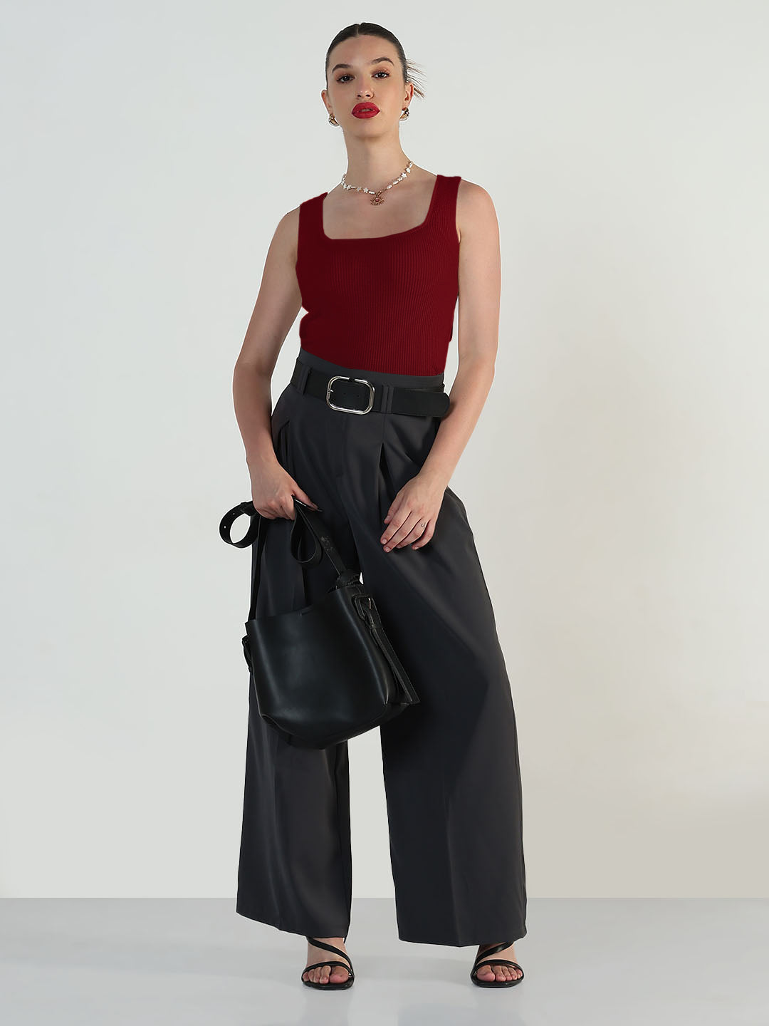 Women's Ribbed Red Square Neck Tank Top