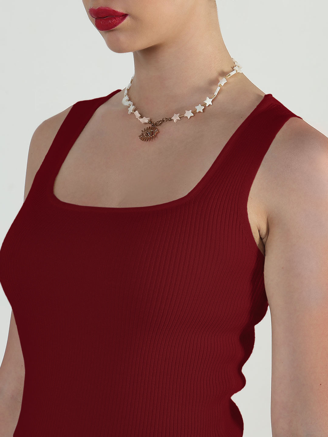Women's Ribbed Red Square Neck Tank Top