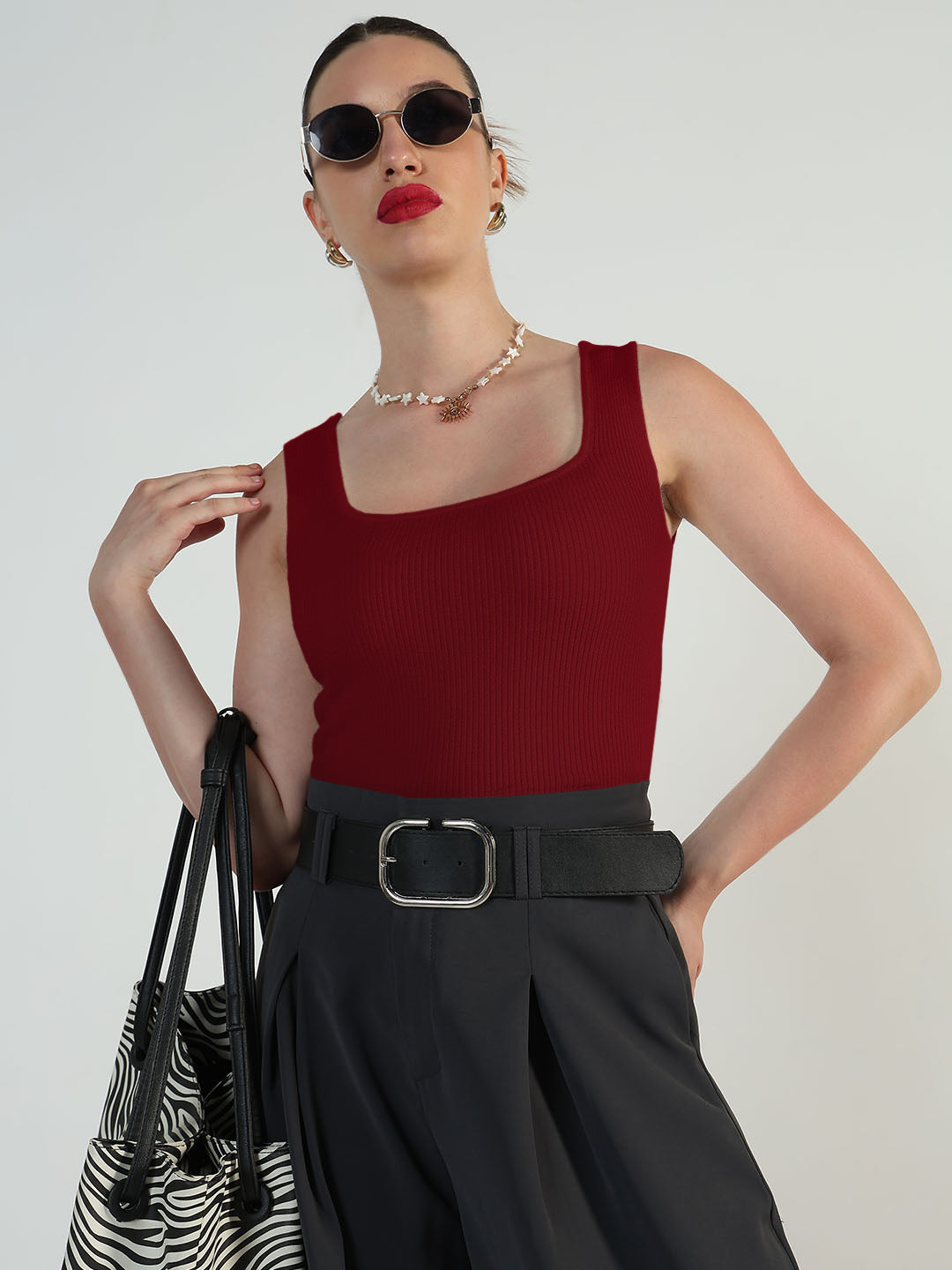 Women's Ribbed Red Square Neck Tank Top