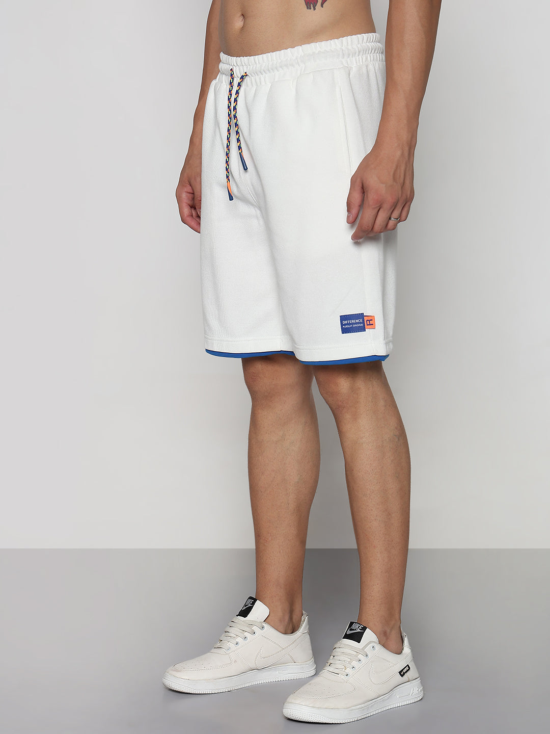 Men's White Athleisure Relaxed Fit Shorts with Blue Rib