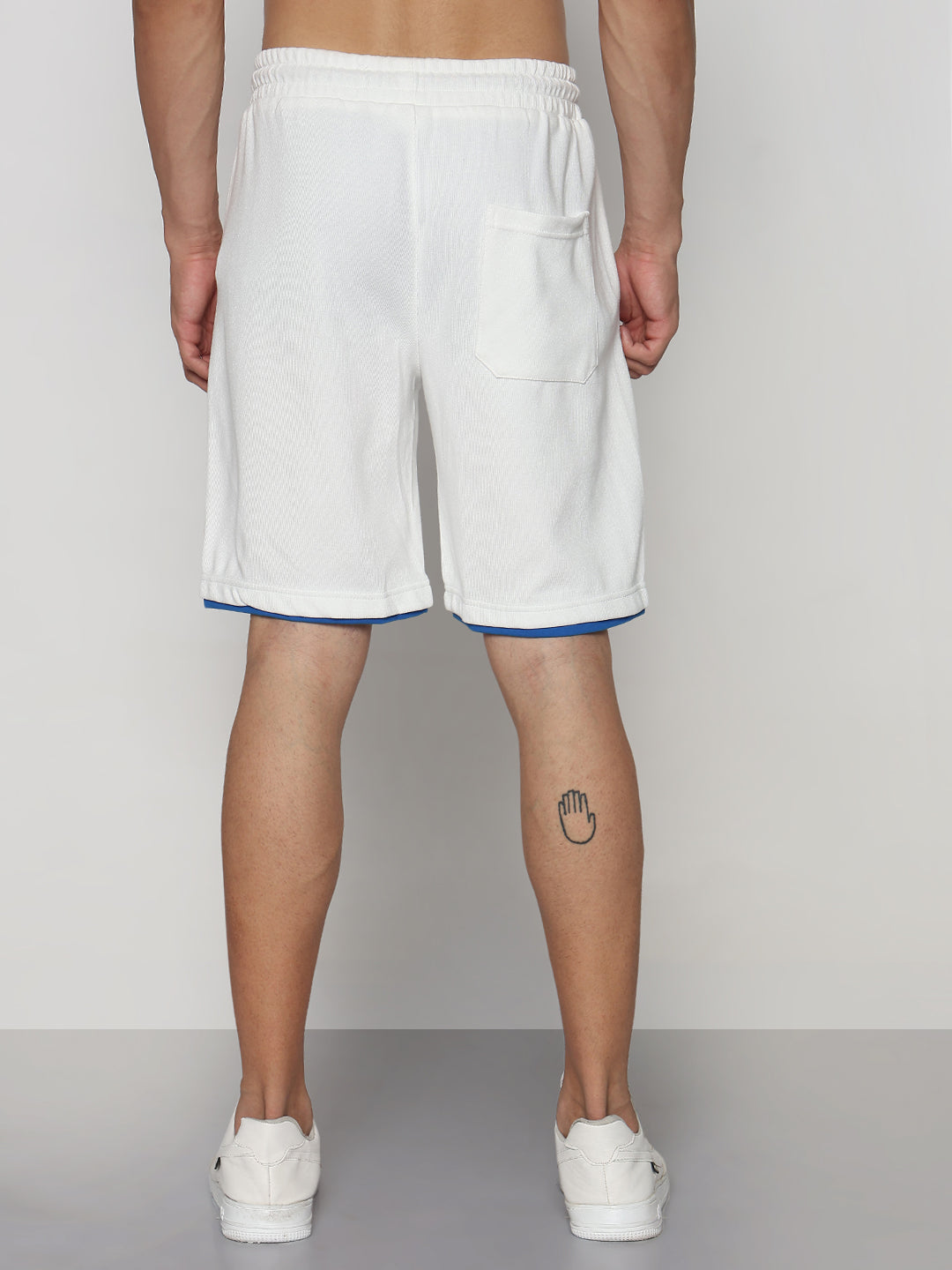 Men's White Athleisure Relaxed Fit Shorts with Blue Rib
