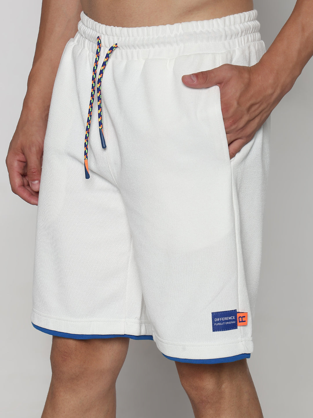 Men's White Athleisure Relaxed Fit Shorts with Blue Rib