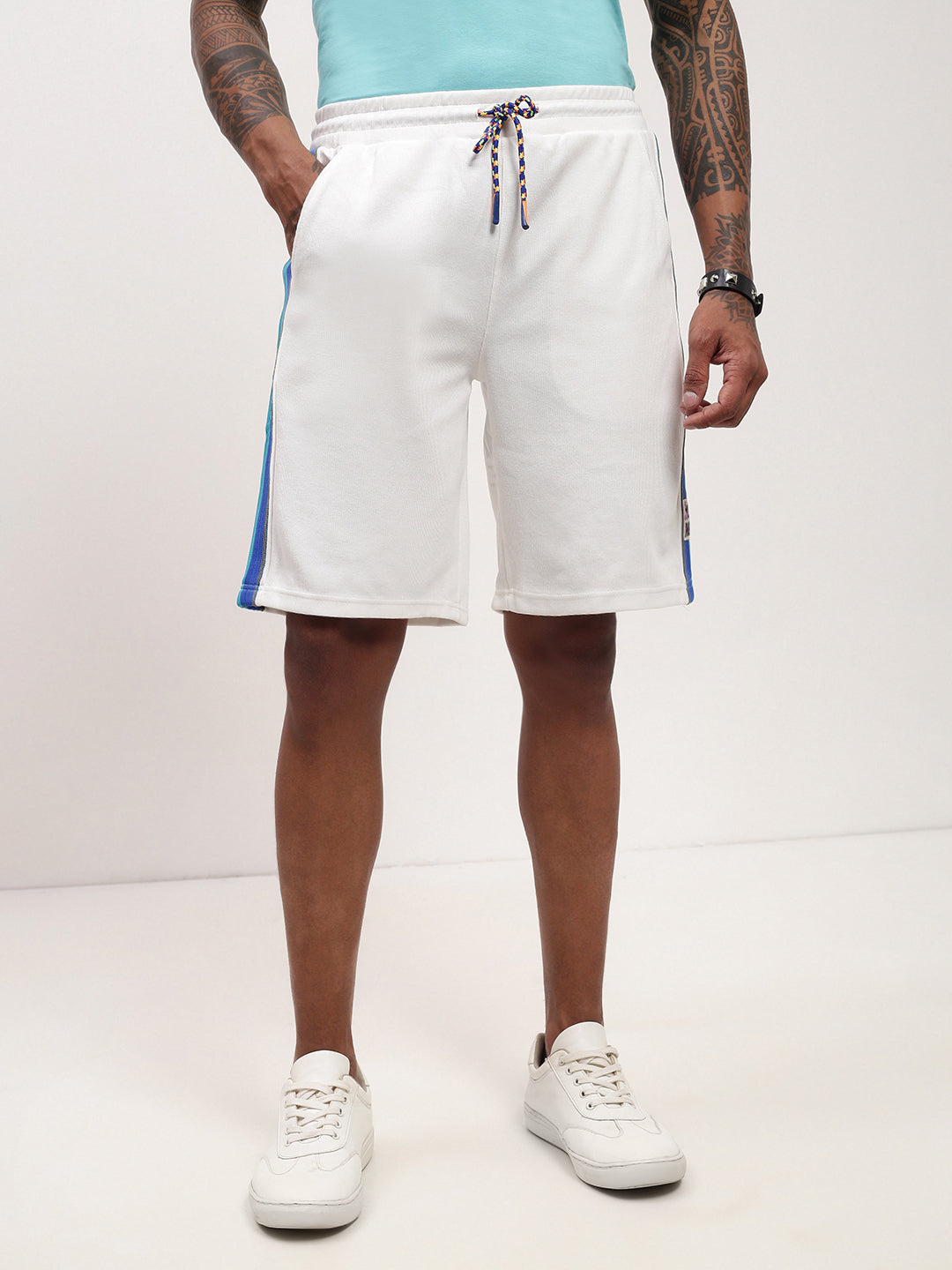 Men White Solid Shorts