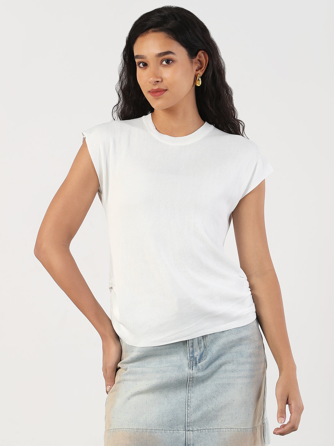 Women Solid Round Neck White Fitted Top