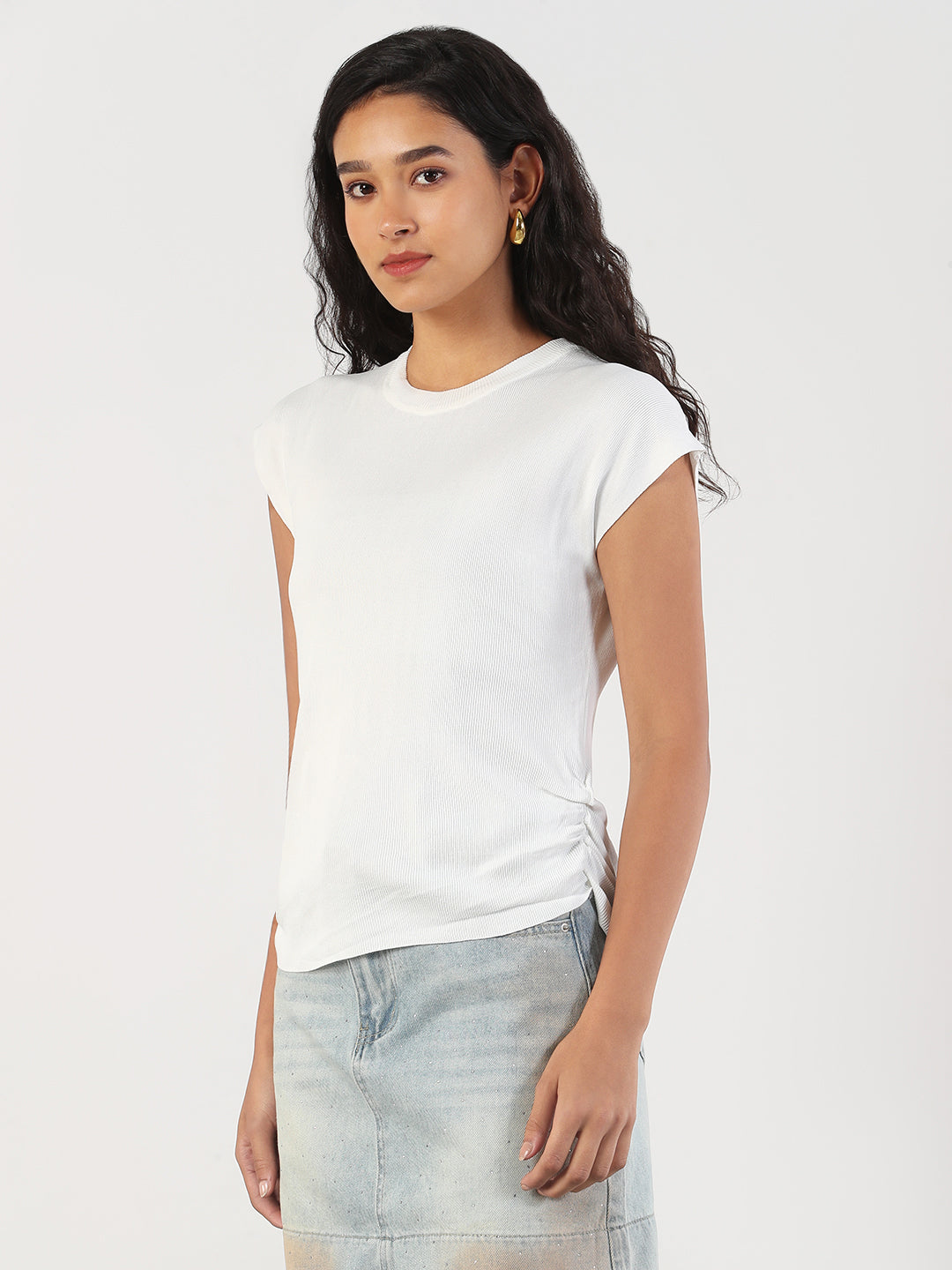 Women Solid Round Neck White Fitted Top