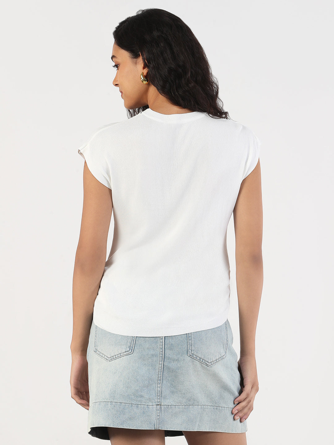 Women Solid Round Neck White Fitted Top