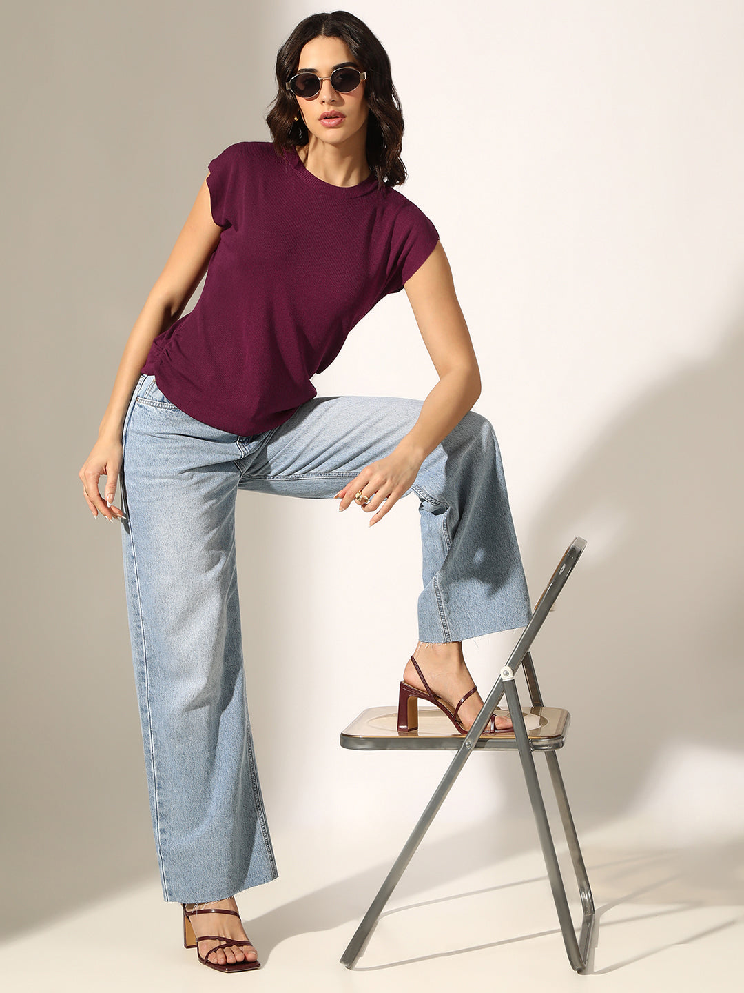 Women's Knitted Purple Top with Side Ruched Detail