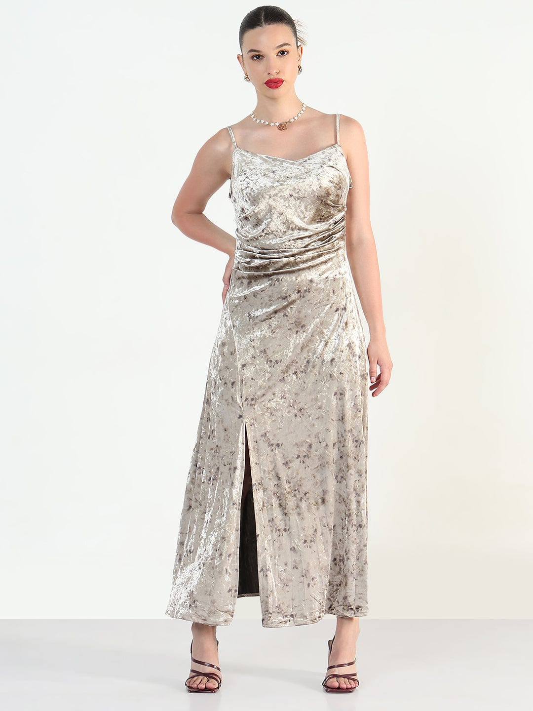 Women's Beige Velvet Sleeveless Cami Slip Dress with Side slit