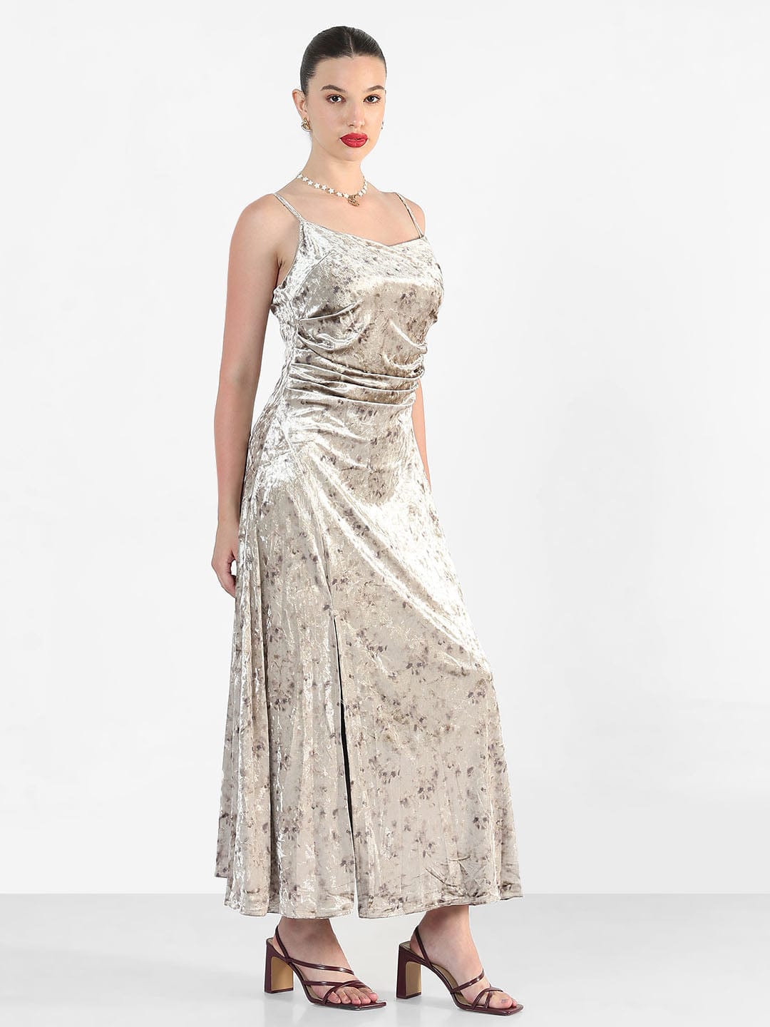 Women's Beige Velvet Sleeveless Cami Slip Dress with Side slit