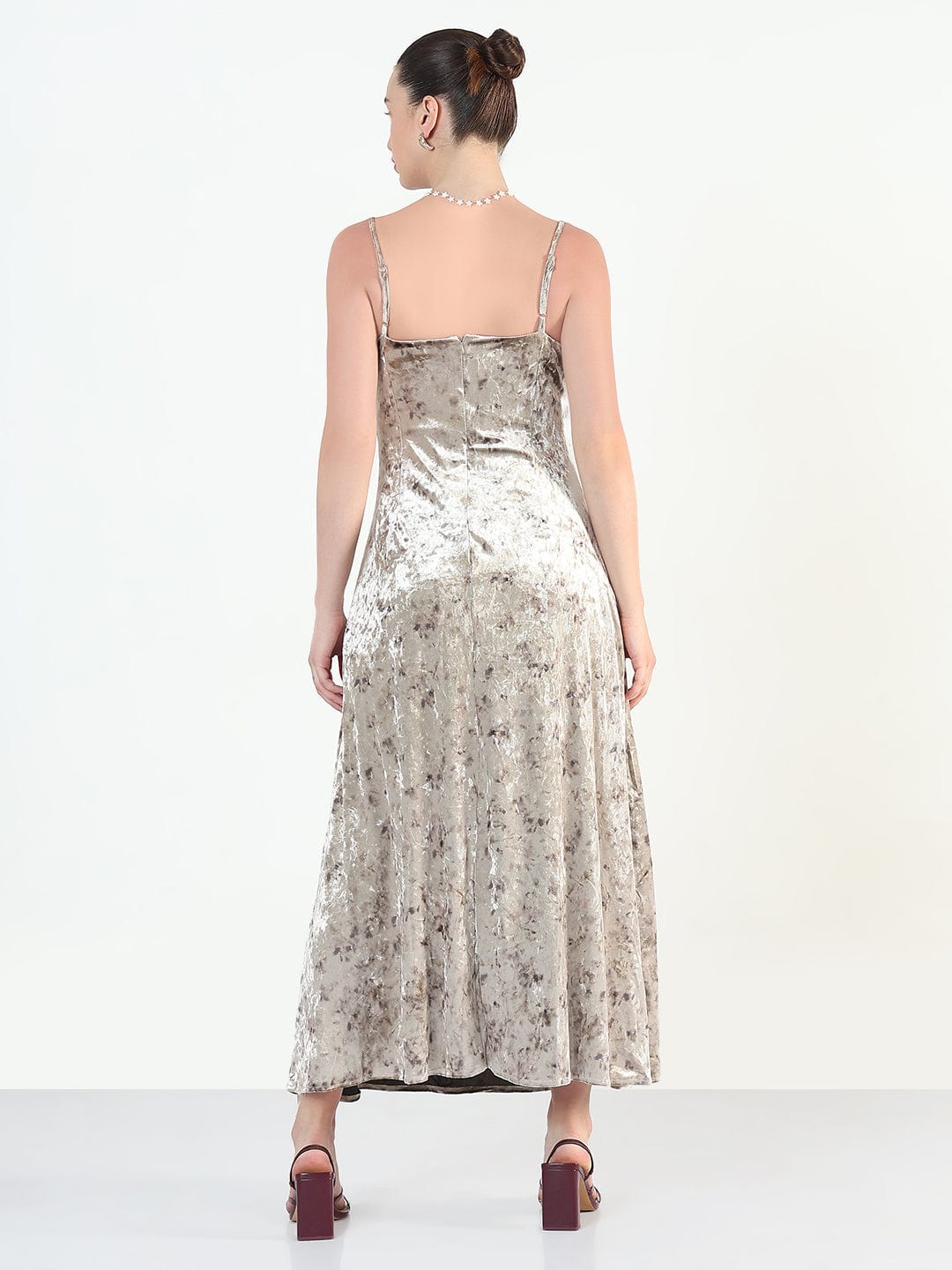 Women's Beige Velvet Sleeveless Cami Slip Dress with Side slit