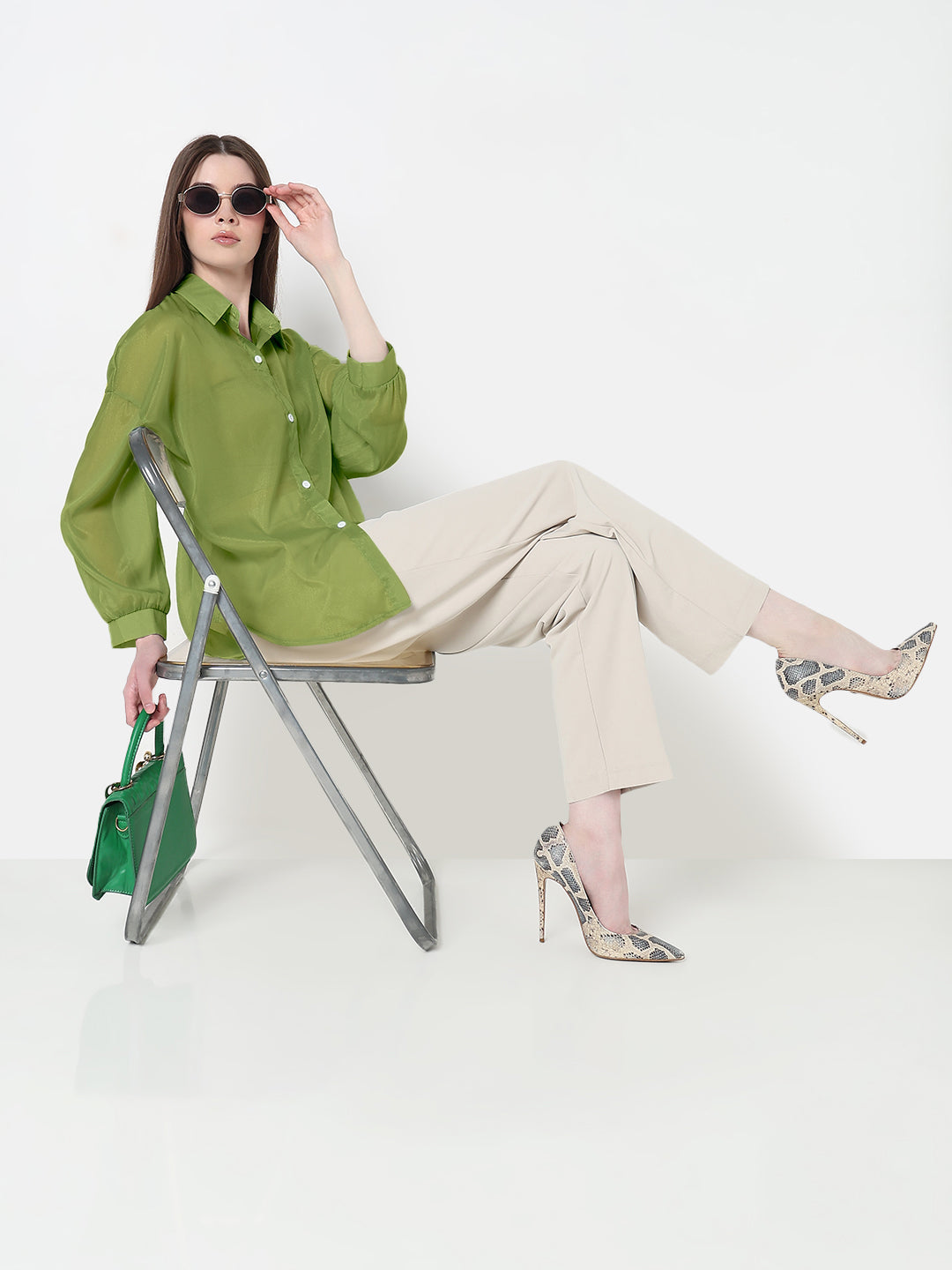 Women's Green Sheer Oversized Fit Shirt