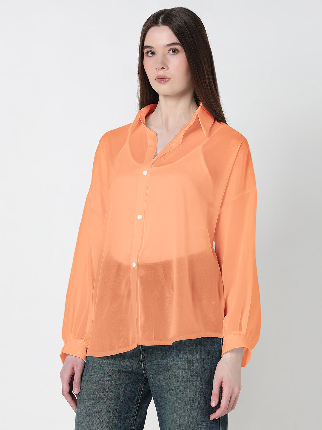 Women's Orange Sheer Oversized Fit Shirt
