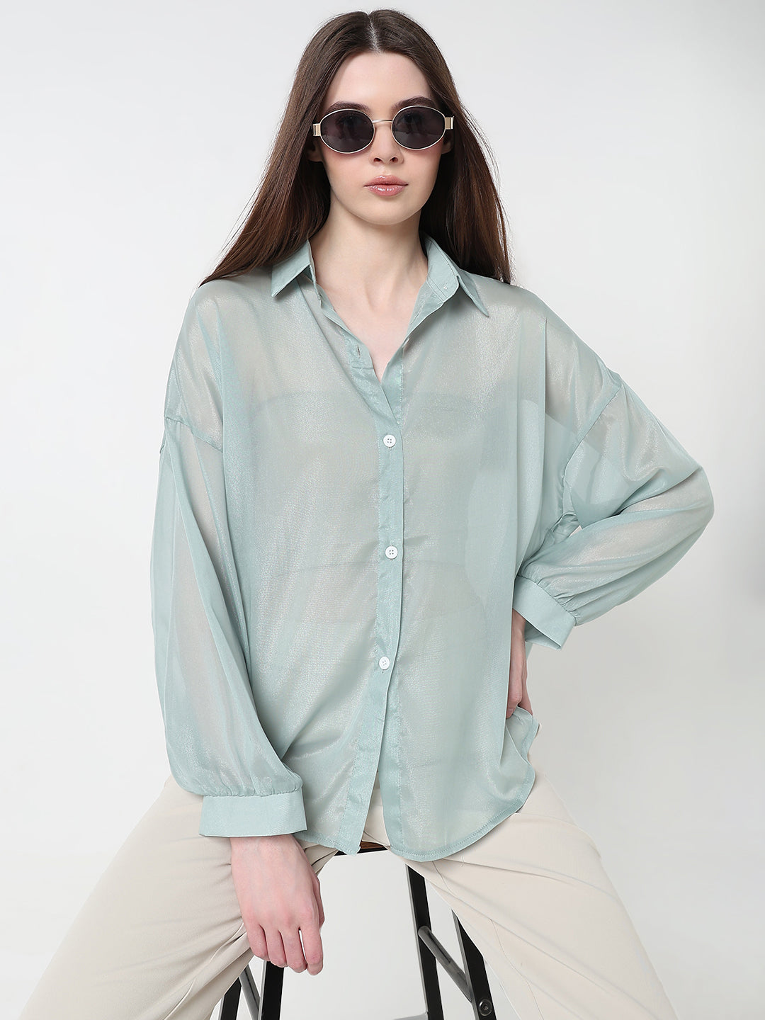 Women's Sea Green Sheer Oversized Fit Shirt