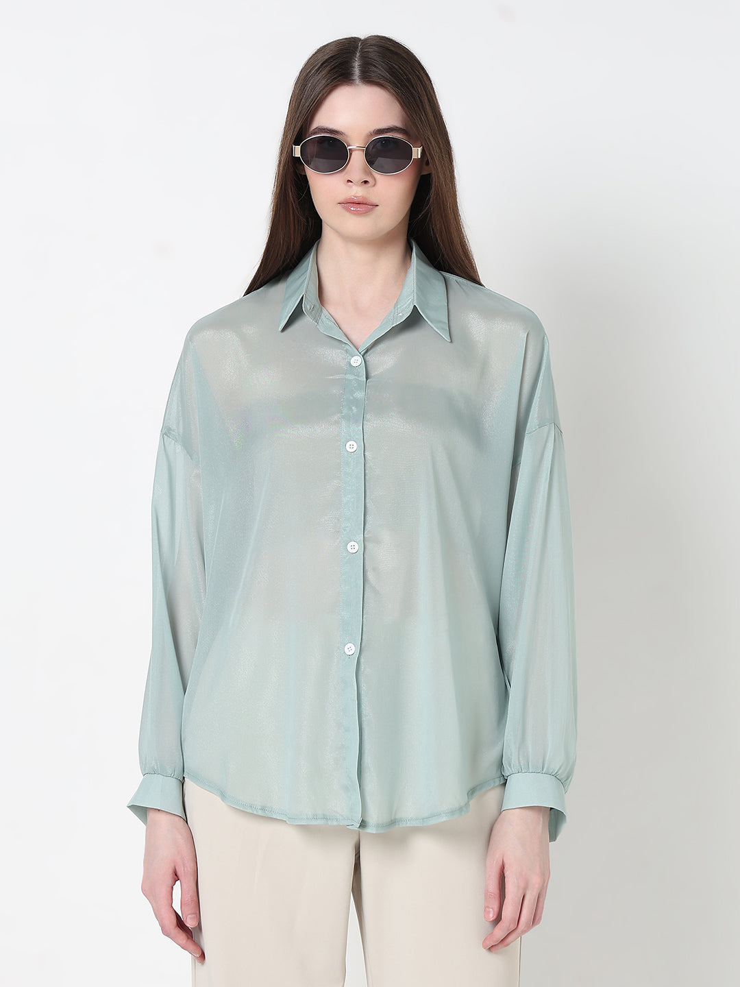Women's Sea Green Sheer Oversized Fit Shirt