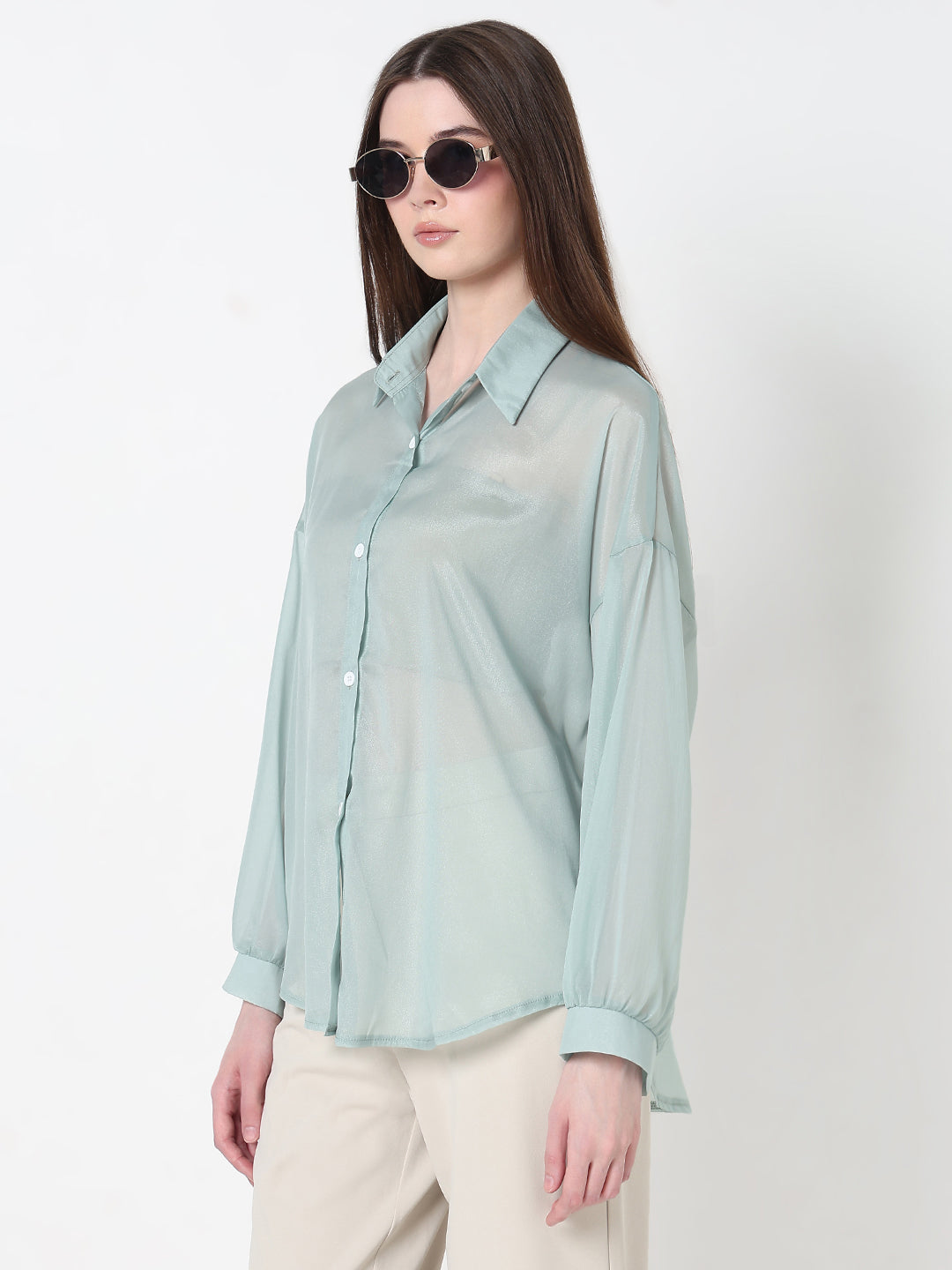 Women's Sea Green Sheer Oversized Fit Shirt