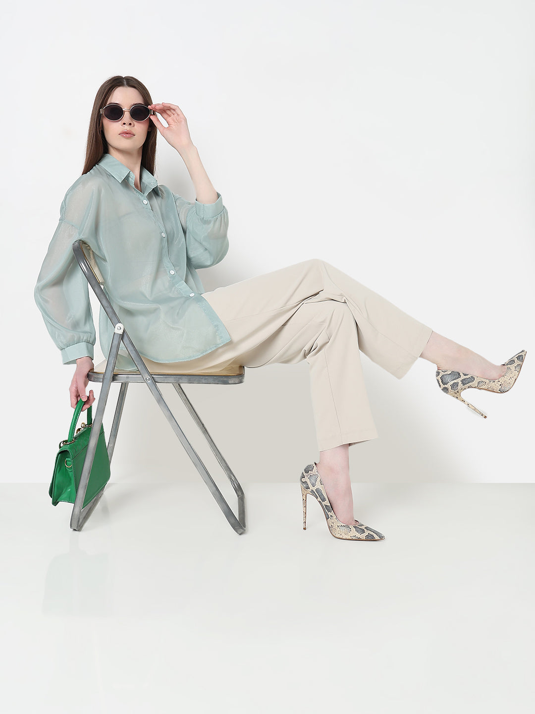 Women's Sea Green Sheer Oversized Fit Shirt