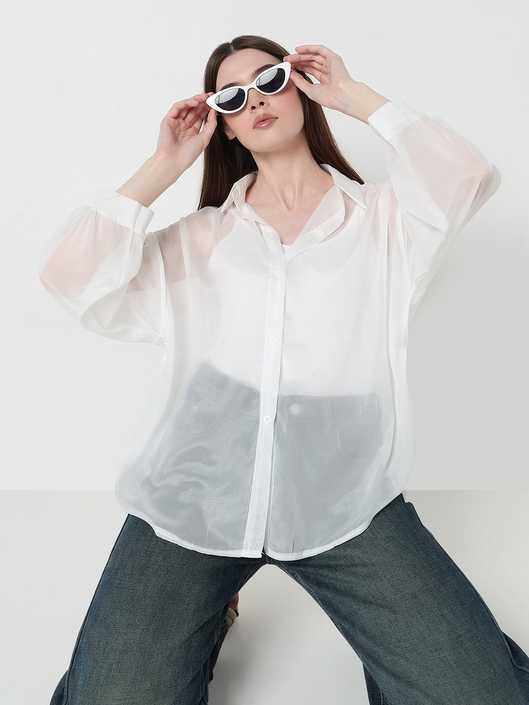 Women's White Sheer Oversized Fit Shirt