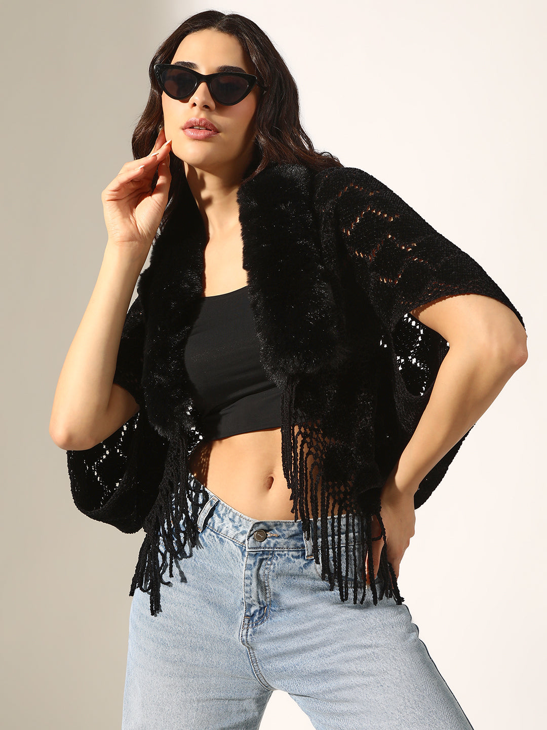 Women's Black Faux Fur Collar Knit Open Front Poncho with Fringed Hem