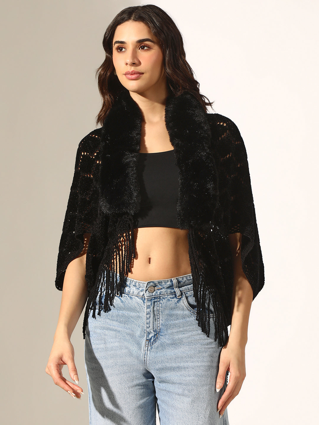 Women's Black Faux Fur Collar Knit Open Front Poncho with Fringed Hem