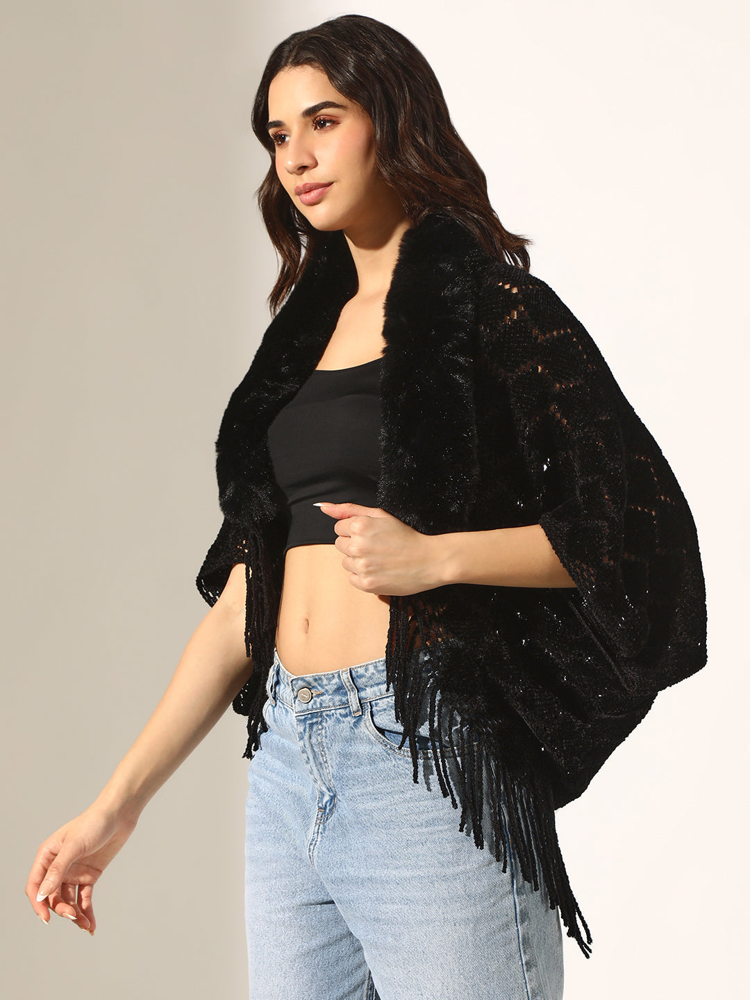 Women's Black Faux Fur Collar Knit Open Front Poncho with Fringed Hem