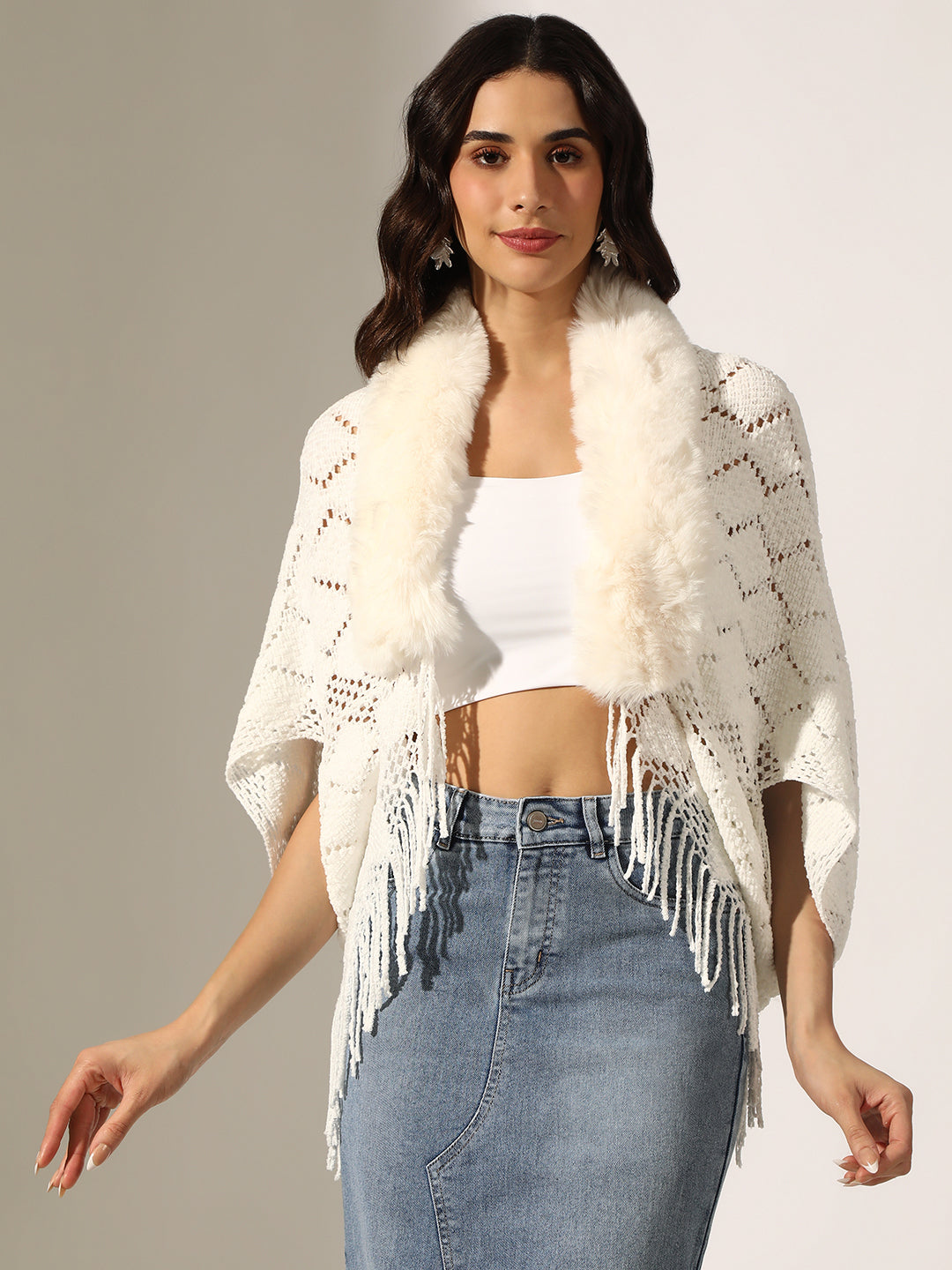 Women's Cream Faux Fur Collar Knit Open Front Poncho with Fringed Hem