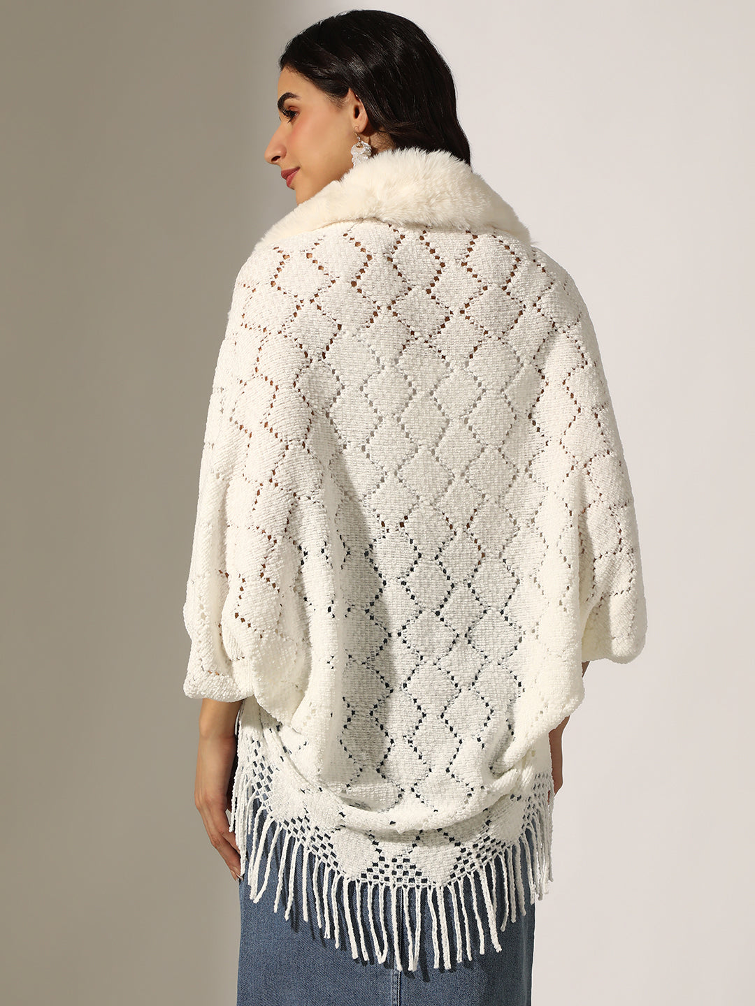 Women's Cream Faux Fur Collar Knit Open Front Poncho with Fringed Hem