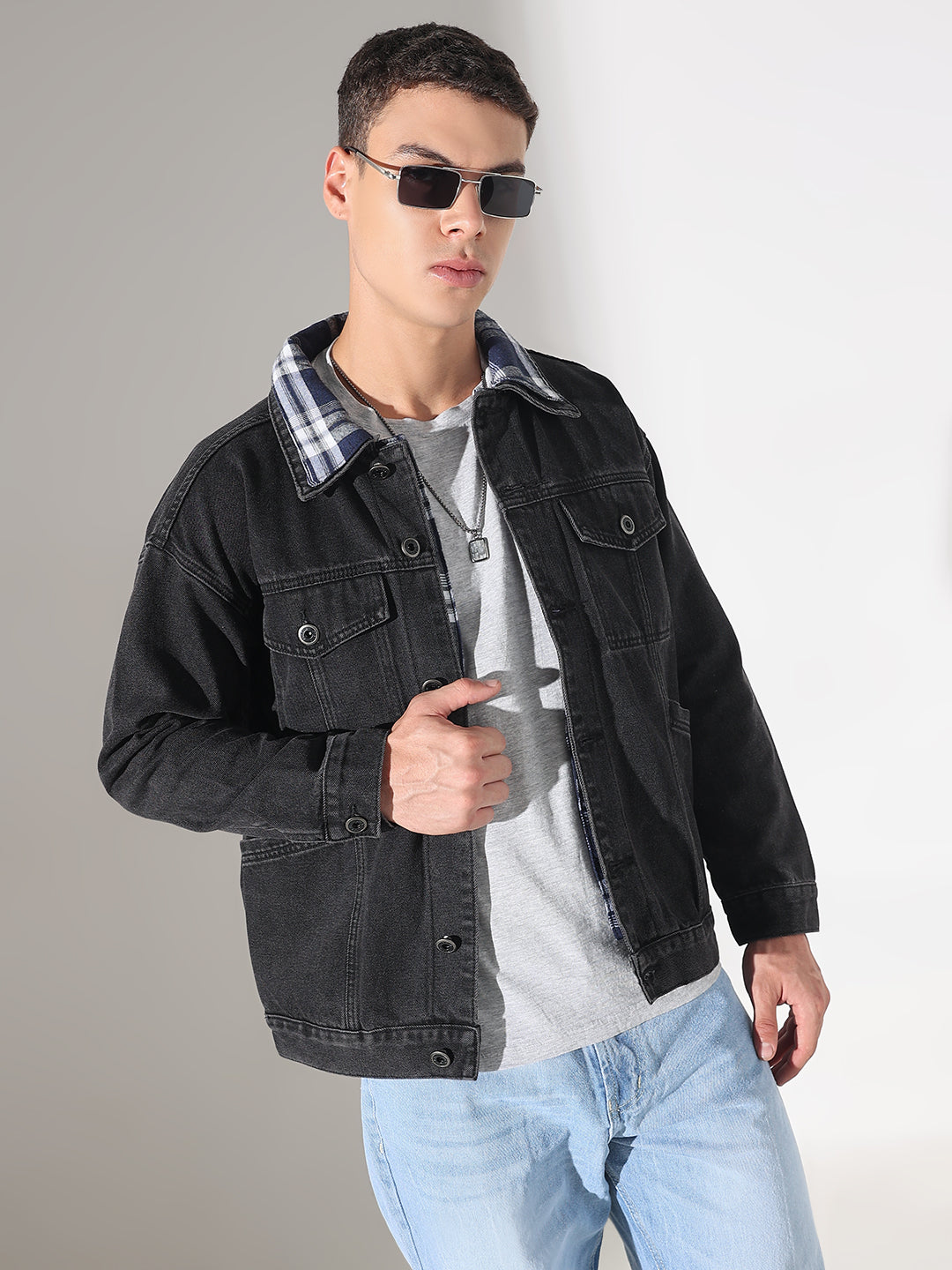 Men's Black Denim Oversized Jacket with Contrast Collar