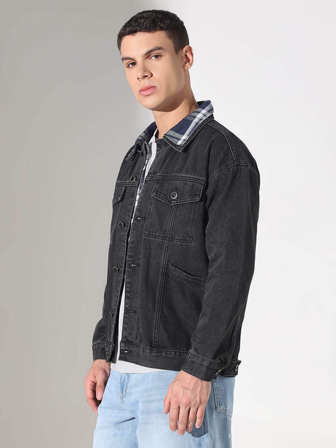 Men's Black Denim Oversized Jacket with Contrast Collar